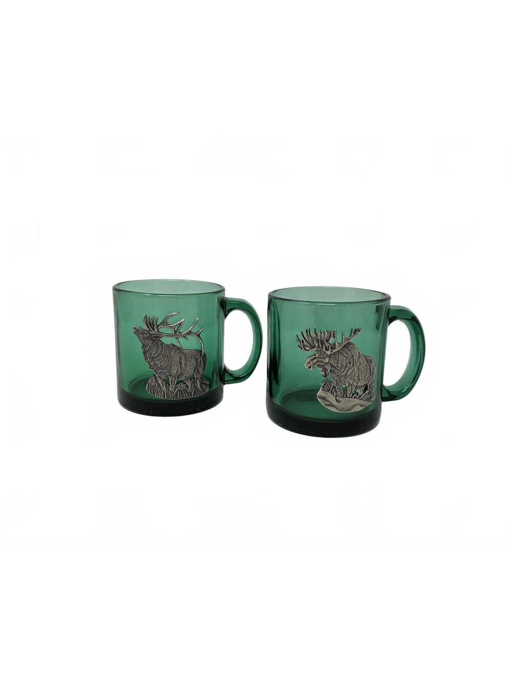 Vintage Heritage Pewter Green Glass Mugs Elk Moose Set USA 16oz Cabin Lodge